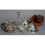 A silver bonbon dish, 4” diameter; together with a silver-plated candlestick; various other items of