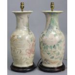 A pair of large ceramic table lamps with painted Siamese fighting fish decoration (lacking