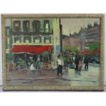 A mid-20th century oil painting on canvas of a busy Parisian street scene, unsigned, 25½” x 36”,