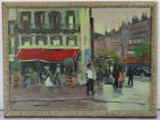 A mid-20th century oil painting on canvas of a busy Parisian street scene, unsigned, 25½” x 36”,