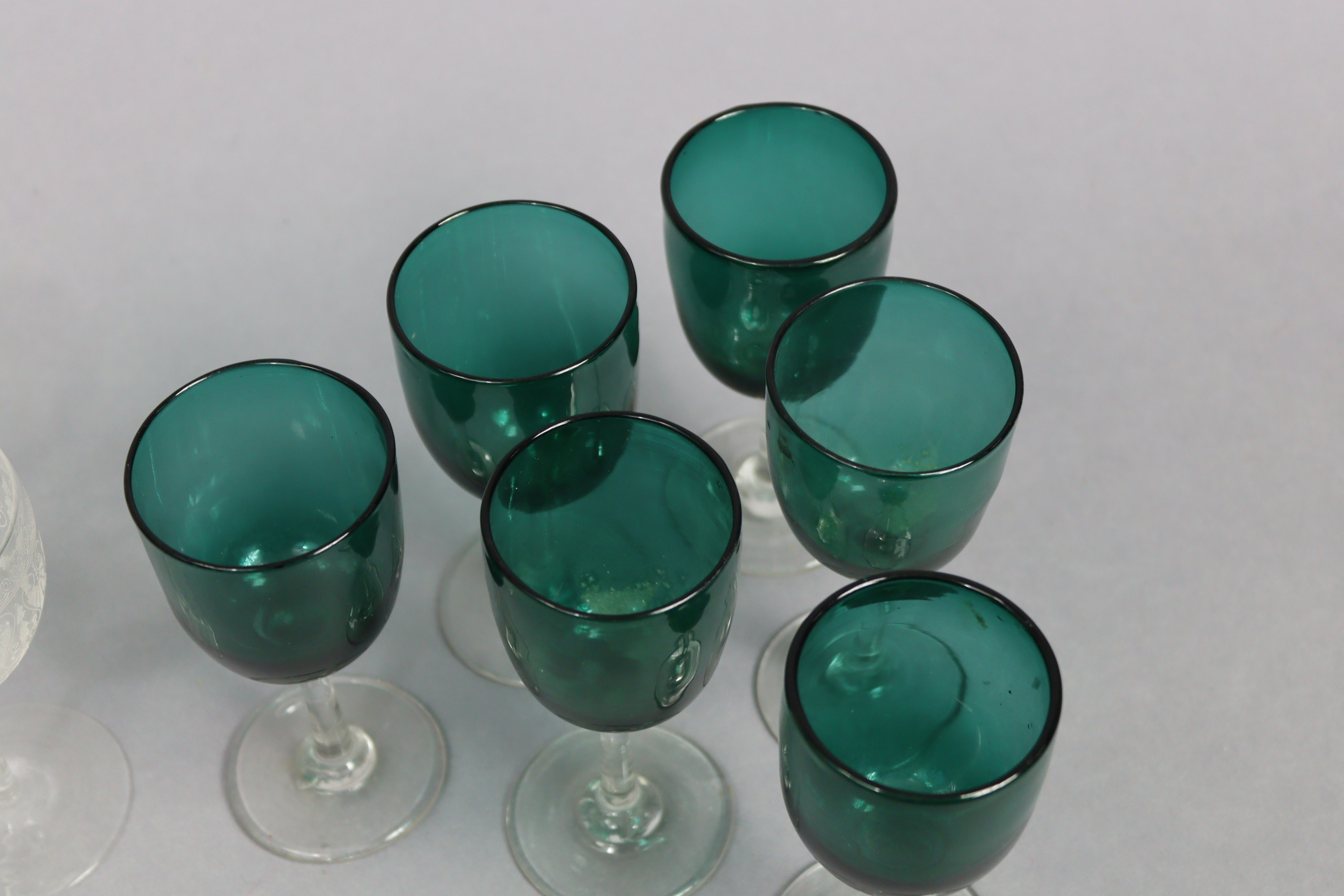 A Waterford cut-glass fruit bowl, 9¾” diameter; a set of six Victorian glass wines with emerald - Image 6 of 6