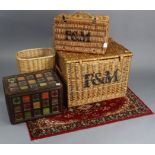 A cloth-covered wooden storage box with hinged lift-lid, 19” wide x 13” high; together with three