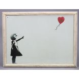 A coloured print after Banksy (girl with balloon) on canvas, 25½” x 35½”, in a glazed frame (one