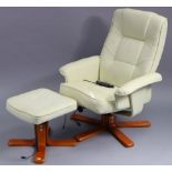A cream leatherette electric-operated swivel & reclining armchair, with stool.