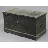 An early/mid-20th century black painted deal travelling trunk with a hinged lift-lid, & with