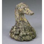 An antique stone greyhound-head gate-post finial, heavily weathered, 13“ wide. x 16.5“ high.