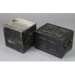 Two early-mid 20th century iron rectangular strong boxes, each with hinged lid & cast handles, 19”