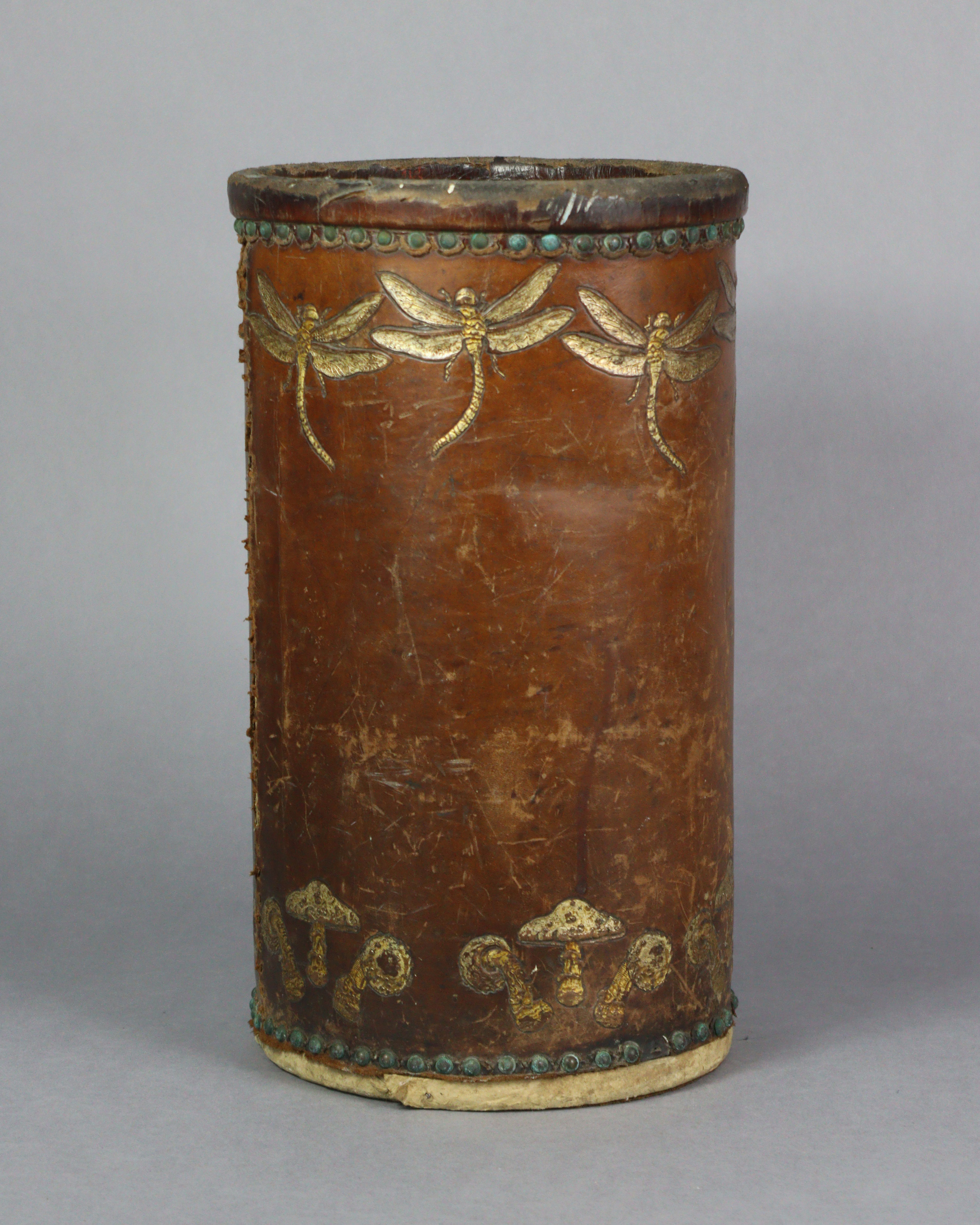 A GEORGE HULBE of Hamburg LEATHER-COVERED STICK-STAND or paper bin, with gilt tooled decoration of