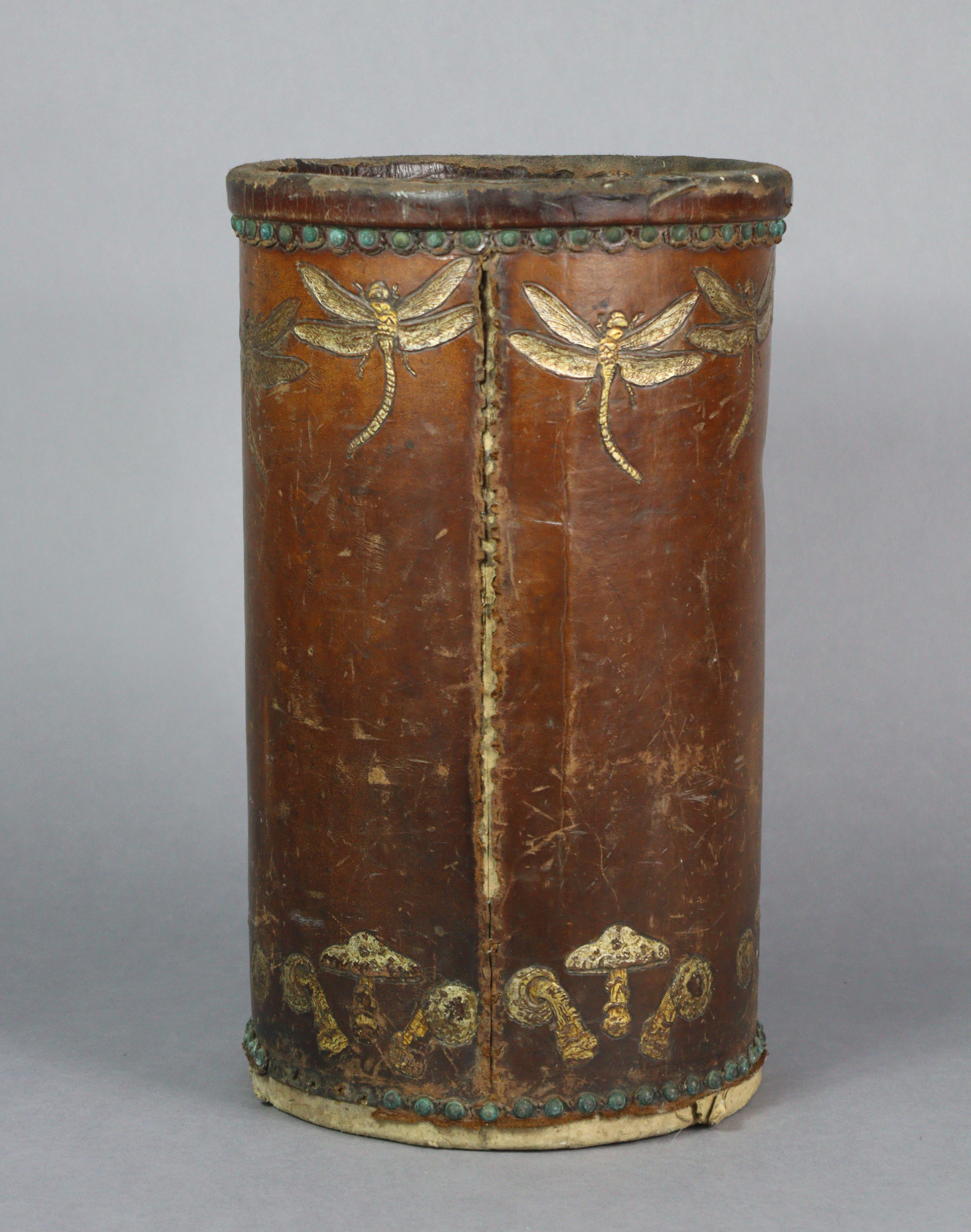 A GEORGE HULBE of Hamburg LEATHER-COVERED STICK-STAND or paper bin, with gilt tooled decoration of - Image 2 of 6