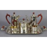 A MODERN SILVER SIX-PIECE TEA & COFFEE SERVICE, of slightly tapered cylindrical form, with all-