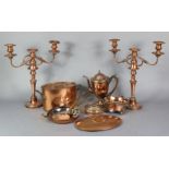 A pair of copper three-branch candelabra (previously silver-plated), 17.75” high; a French oval