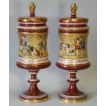 A PAIR OF ‘VIENNA’ PORCELAIN VASES & COVERS of waisted cylindrical form, each with cone finial to
