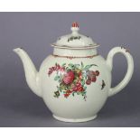 An 18th century Lowestoft porcelain round teapot, polychrome painted with a convolvulous flower to