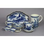 Nine items of 18th century English porcelain blue transfer “Fisherman & Cormorant” pattern ware,