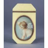 A 19th century ivory patch box of canted rectangular form, inset oval portrait of a cherub inn brass