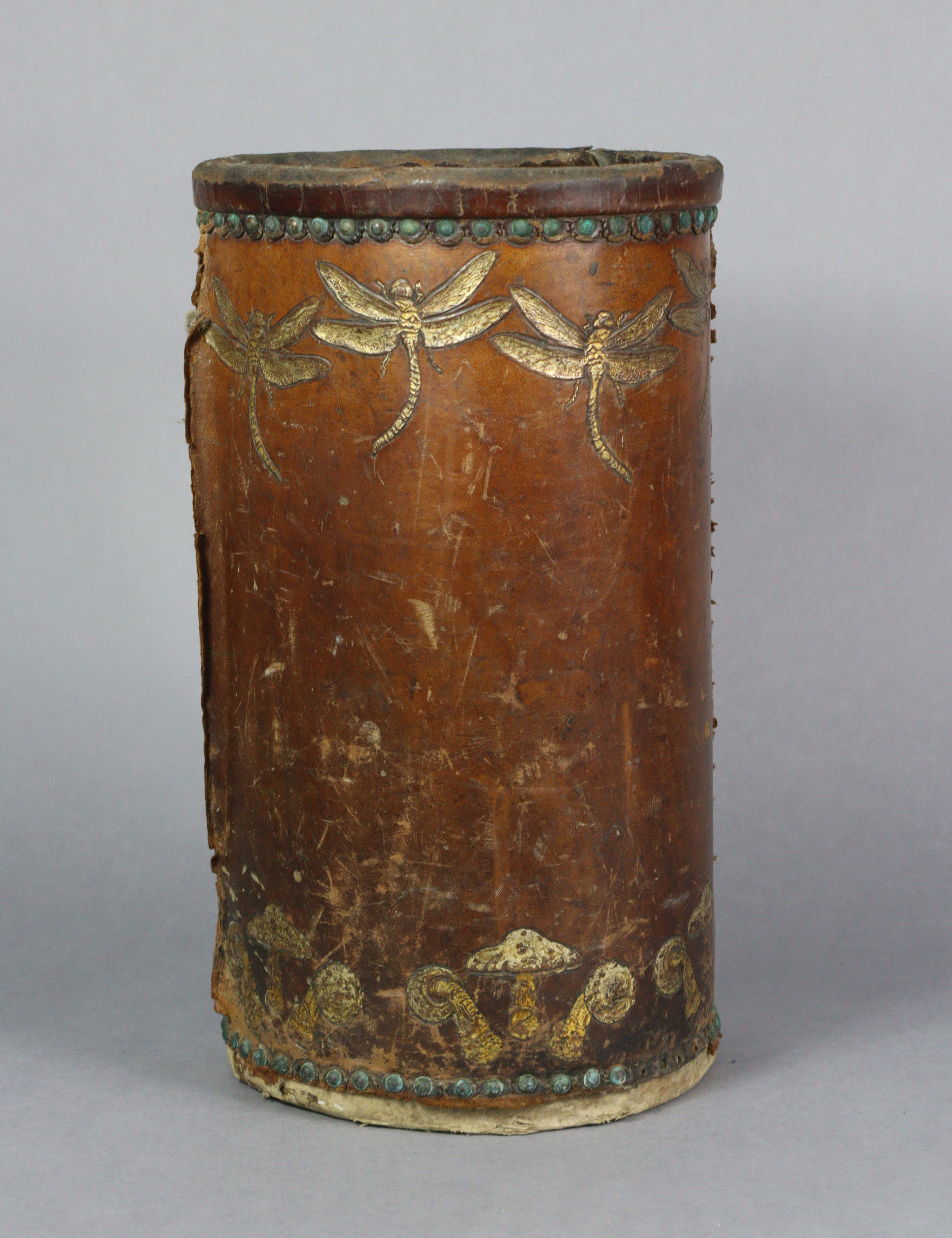 A GEORGE HULBE of Hamburg LEATHER-COVERED STICK-STAND or paper bin, with gilt tooled decoration of - Image 3 of 6