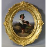 A BERLIN PORCELAIN OVAL PLAQUE, finely painted with a Tyrolean pipe player in a mountainous