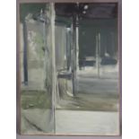 DAVID TINDLE, R.A. (b. 1932). “Entrance To Empty Shop”. Oil on board, inscribed, signed & dated to