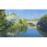 NEIL PINKETT (b. 1958). “Approaching North Parade Bridge” (Bath). Signed lower left; oil on board: