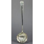 A George III silver Old English soup ladle with bright-cut edge & circular fluted bowl, 13¼” long;