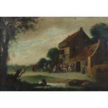 DUTCH SCHOOL, 18th century. A village scene with figures outside a tavern. Oil on canvas: 25” x 36”,