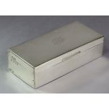 A George V silver rectangular cigarette box with engraved monogram to the hinged lid, wood-lined