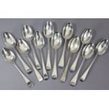 Eight George III silver Old English dessert spoons; a George IV ditto; & three Victorian ditto;