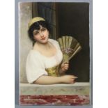 A BERLIN PORCELAIN RECTANGULAR PLAQUE, finely painted with a lady resting on a window ledge after