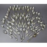 Thirty-six Georgian & mostly Victorian silver Fiddle pattern teaspoons; & twenty Georgian & later