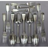 Five Georgian & Victorian silver Fiddle pattern table spoons; four ditto table forks; & three