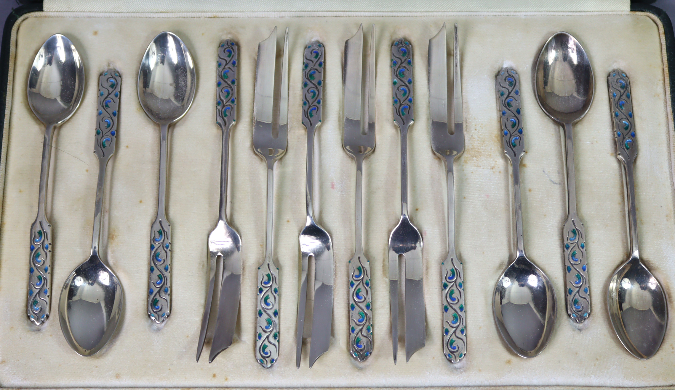A set of six Liberty & Co. Silver & enamel coffee spoons & six matching cake forks, the elongated - Image 2 of 3