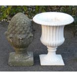 A Victorian-style cast iron garden urn of campana shape, 19.5” high x 16” diam.; & a 20th century