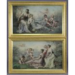A pair of 19th century coloured engravings, each depicting Cupids adorning young maidens in a