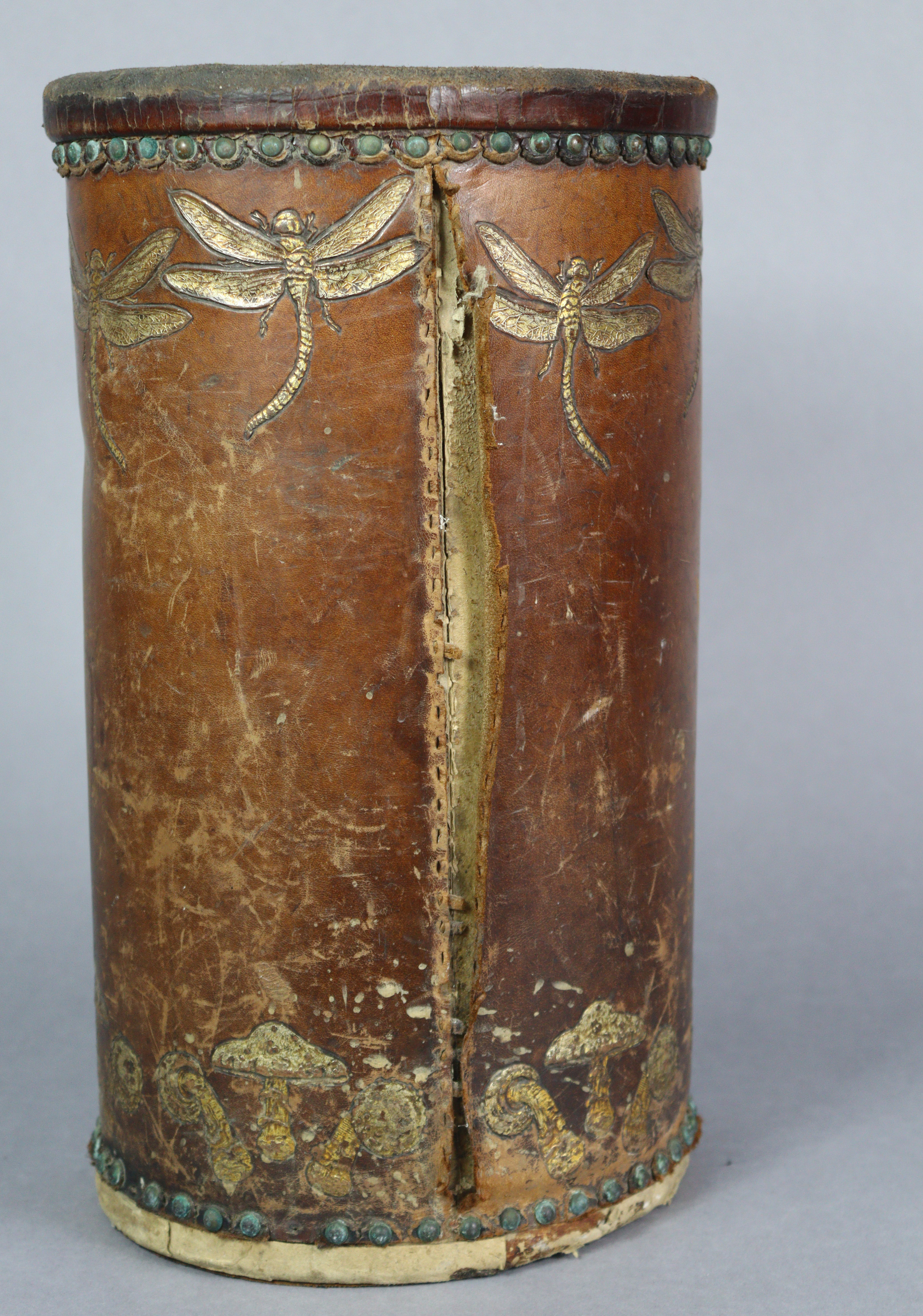 A GEORGE HULBE of Hamburg LEATHER-COVERED STICK-STAND or paper bin, with gilt tooled decoration of - Image 4 of 6