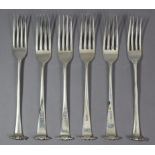 Six George II silver Onslow pattern table forks: - four London 1798, by Hannah Northcote or Henry