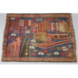 A Baluchi picture rug of dark blue ground with panoramic cityscape design within a narrow border,