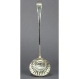 A George III silver Old English soup ladle with bright-cut edge & oval fluted bowl, 13” long; London