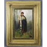 A BERLIN PORCELAIN LARGE RECTANGULAR PLAQUE, finely painted with a beauty in a wooded landscape