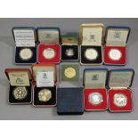 Two Silver Proof G B commemorative £5 coins; four ditto Crowns; a Falkland Islands 1977 Silver Proo