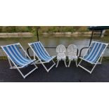 A pair of white painted aluminium chairs with pierced backs & seats, & on cabriole legs; together