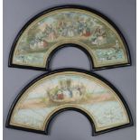 A near pair of antique fan leaves, with stipple engraving & hand-coloured decoration depicting a