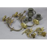 A set of five graduated pewter measures; a pair of brass “angel” wall sconces; & a pair of brass gas