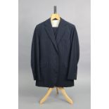 A navy blue suit jacket with royal blue pinstripes, matching waistcoat & trousers, tailored by H.
