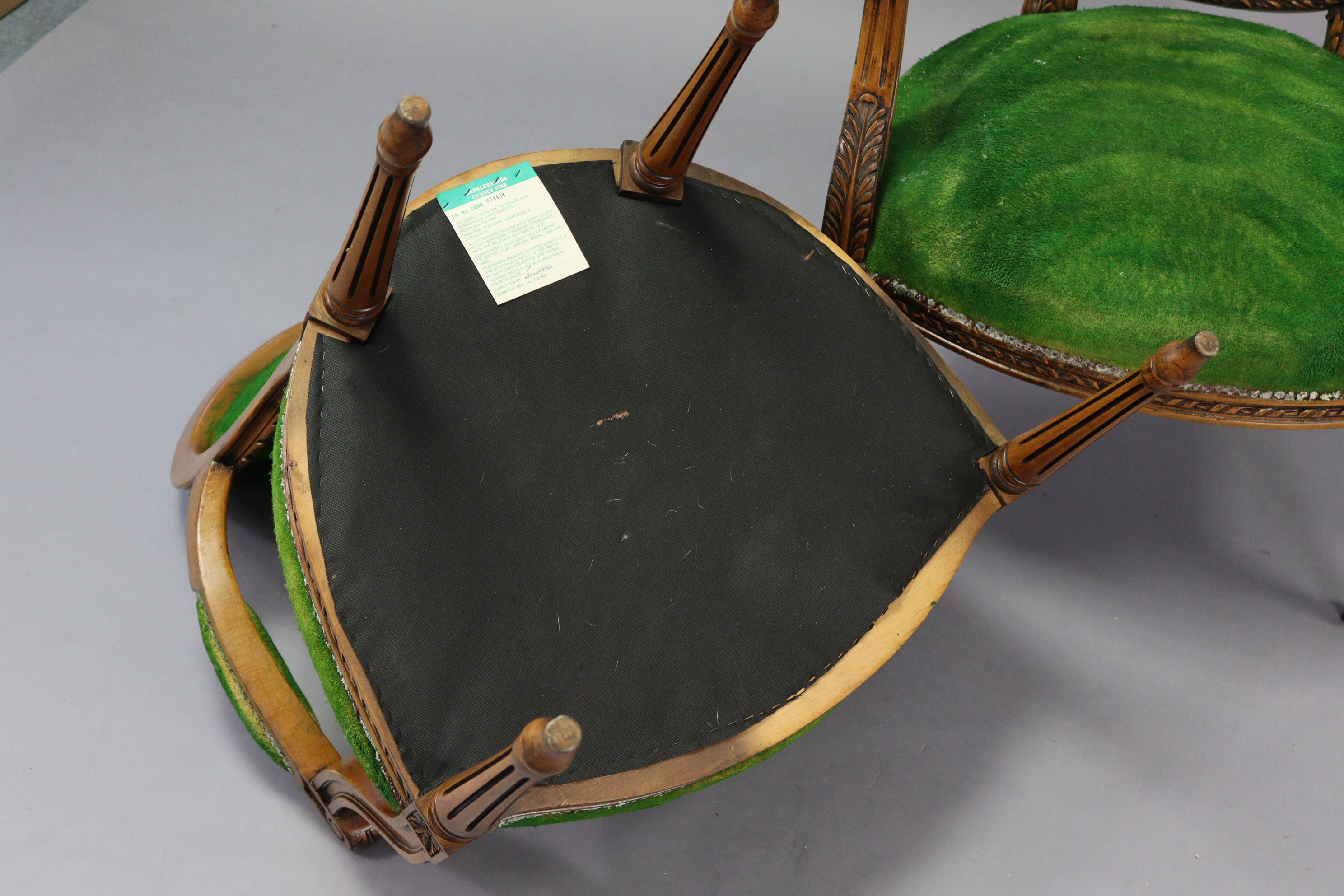 A pair of Louis XVI-style carved beech frame armchairs with padded seats & backs upholstered green - Image 2 of 2