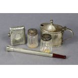 A George V silver propelling cigarette holder Birmingham 1926; a silver oval mustard pot; a silver