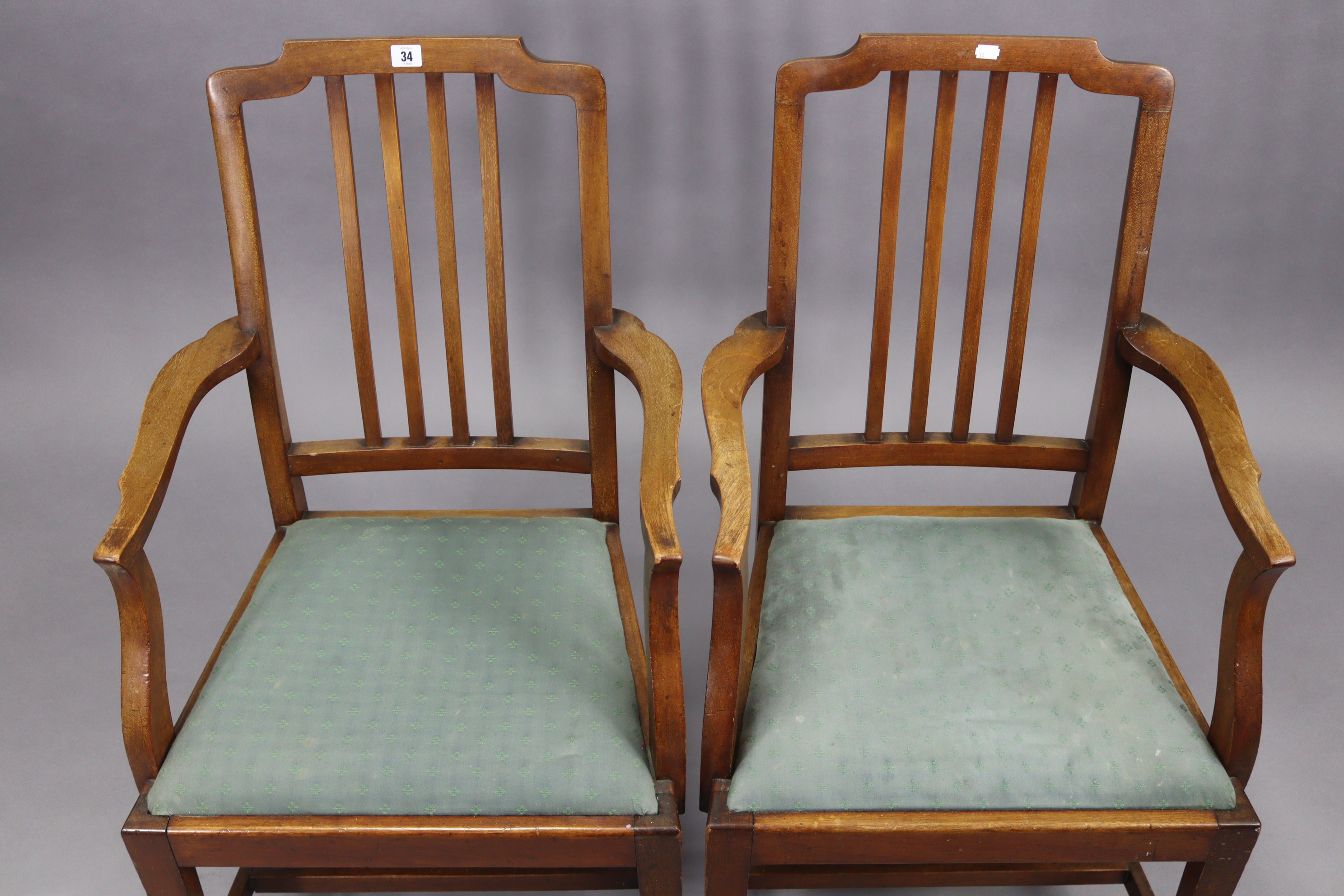 A pair of Edwardian mahogany rail-back elbow dining chairs, with padded drop-in seats & on square - Image 2 of 2