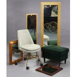 A modern swivel desk chair; together with a rectangular stool; & four various wall mirrors.