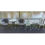 Two metal patio tables, & two ditto pairs of chairs.