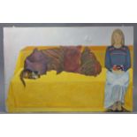 A large oil painting on canvas depicting a young girl sitting on a yellow settee with a cat by her