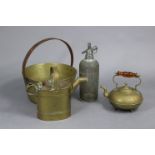 A vintage soda syphon, 3.5” high; a brass preserve pan, 12.5” diam; a brass teapot; & a brass
